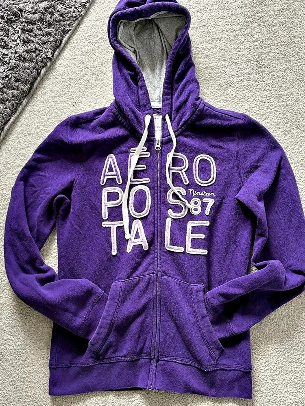 Aeropostale Full Zip Applique Logo Hoodie Purple & White Medium